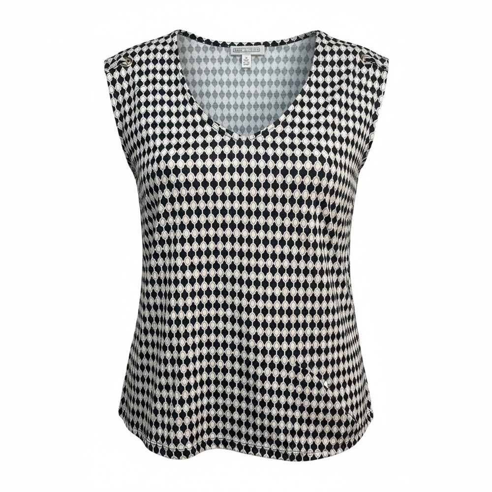 Dana Buchman Geometric Honeycomb V-Neck Sleeveless Top Black Tan Large